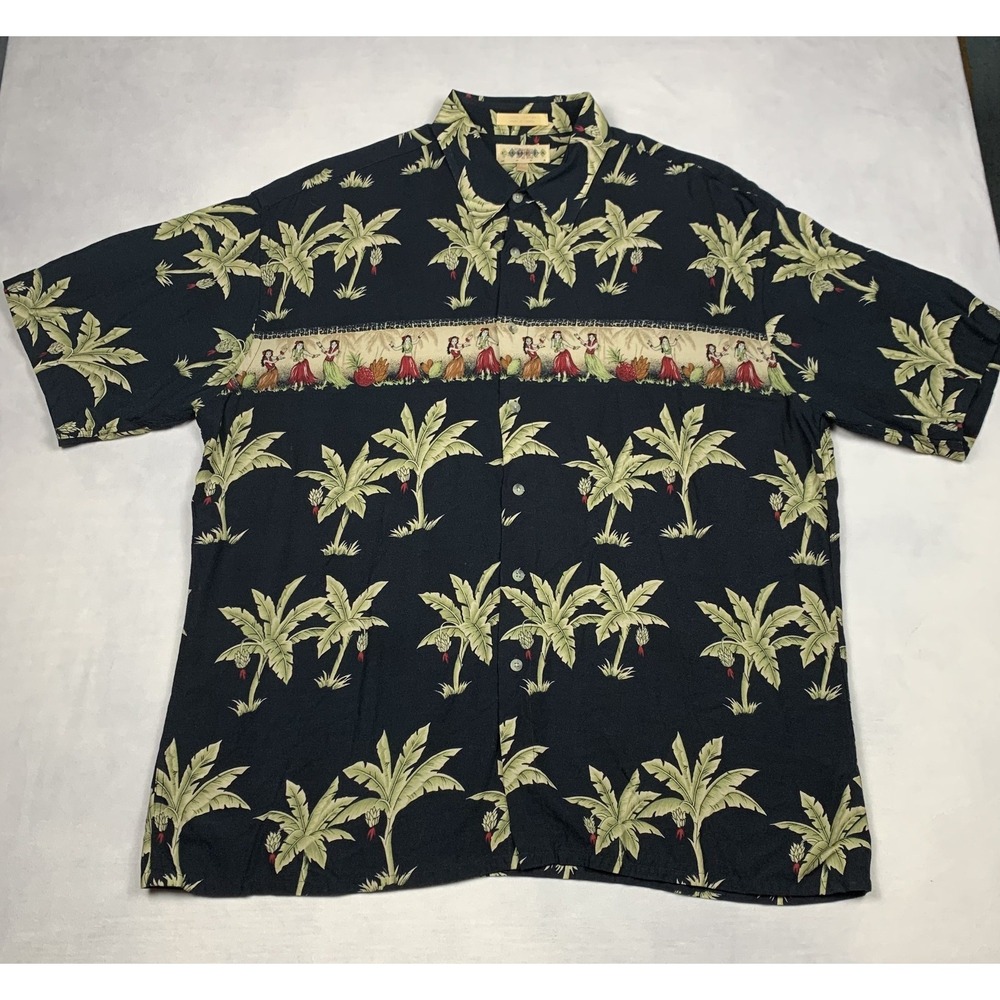 Campia Moda Hawaiian Shirt‎ Mens XL Black Palm Tree Rayon Aloha Vintage